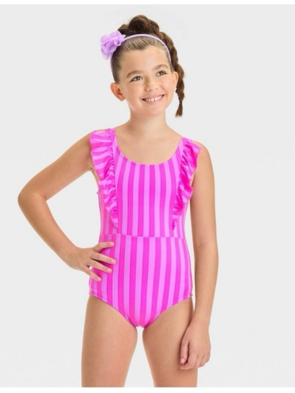 Cat & Jack Girls Pink & Purple Stripe Ruffle One Piece Swimsuit Size Small NWT